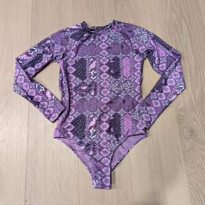 Purple Patterned Long Sleeve Swimsuit